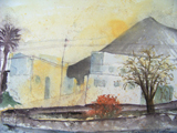 Dorf mit rotem Busch
